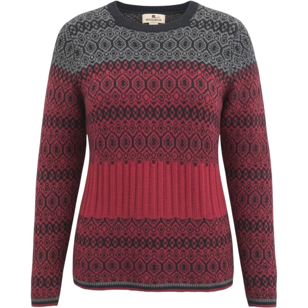 Woolrich Fair Isle Sweater Women's M Ruby Red Grey Ramie Cotton Knit Crewneck